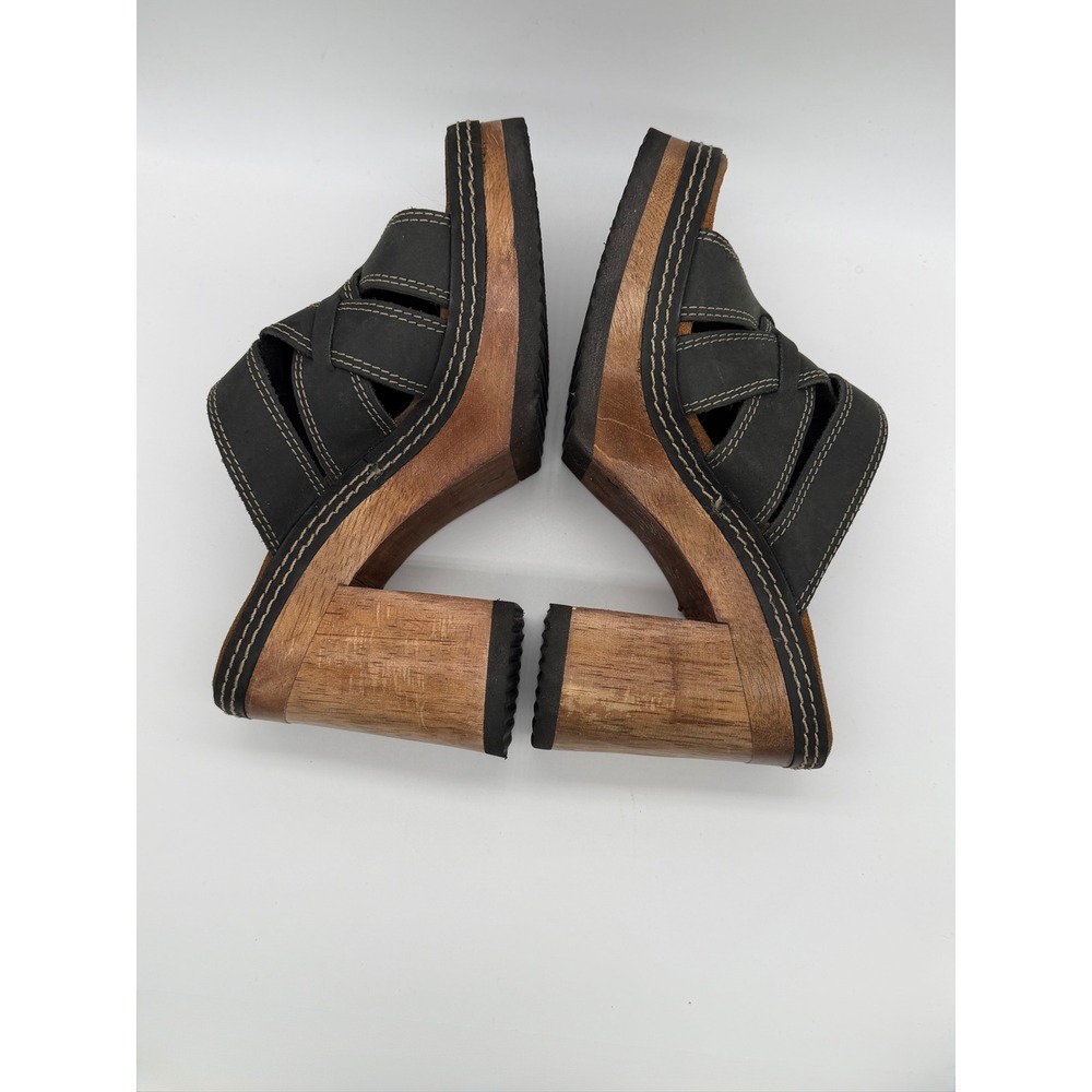 Vintage Platform Bongo Sandals Womens 7 Black Wood Block Heel Woven Leather Good - Picture 4 of 8
